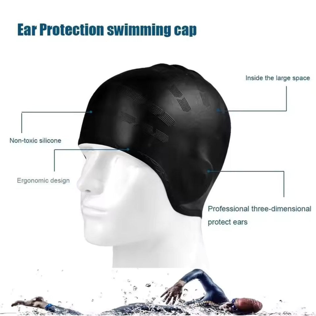 Bonnet de bain en silicone pour cheveux longs, bonnet de bain avec protection pour les oreilles, bonnet de bain imperméable pour femmes et hommes