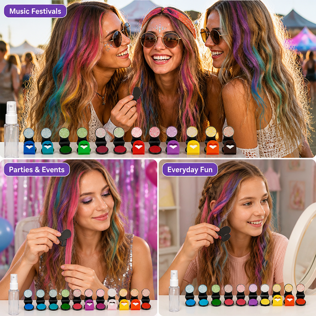 Set de Craies Capillaires Temporaires de 12 Couleurs de VivaBurst™ — Libérez des Looks Électriques Qui S'effacent Quand Vous Dites Au Revoir