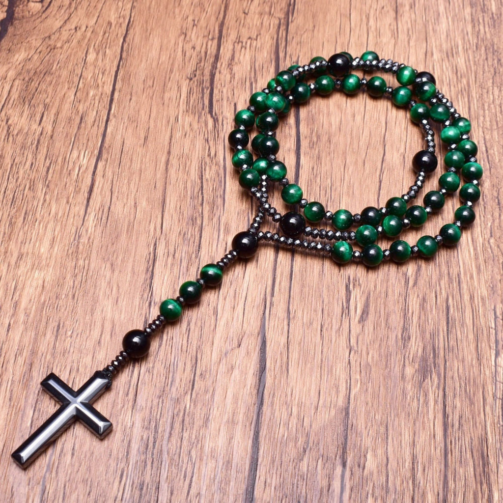 Collier en rosaires croix en œil de tigre et lapis-lazuli pour hommes – Orion