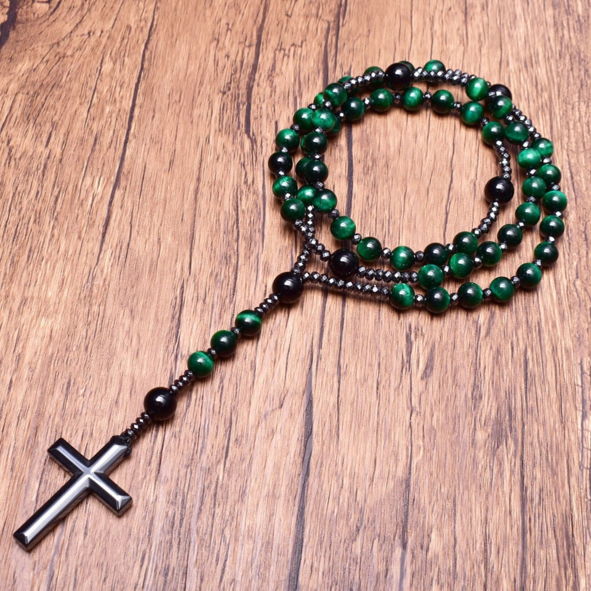 Collier en rosaires croix en œil de tigre et lapis-lazuli pour hommes – Orion