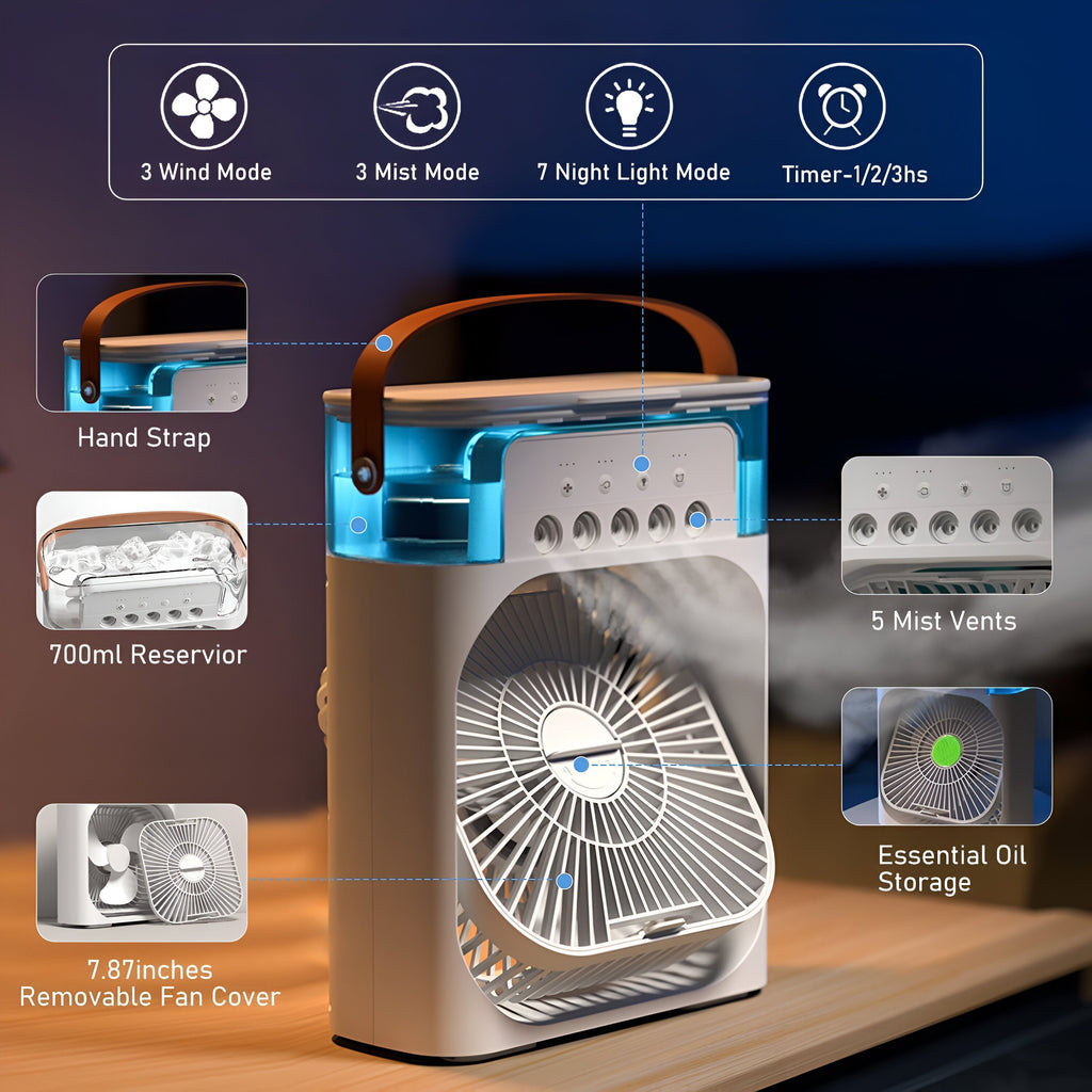 Refroidisseur d'air 3-en-1, Humidificateur & Purificateur d'air – Climatisation portable pour un usage intérieur avec lumière LED
