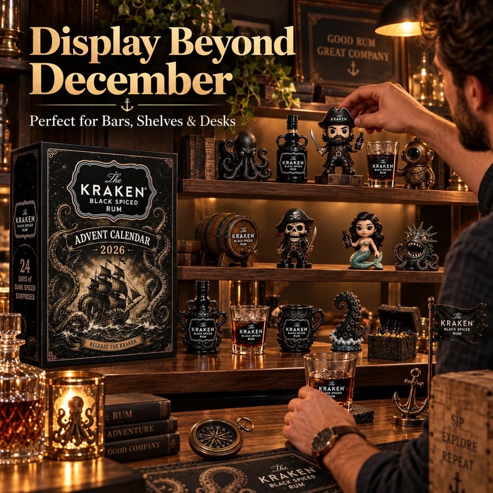 Calendrier de l'Avent en Mini Bouteille de Rhum Kraken de 24 Jours pour Affichage de Table de Bar de Fête, Cadeau Collectible pour Amateur de Rhum, Compte à Rebours de Noël & Décoration Festive