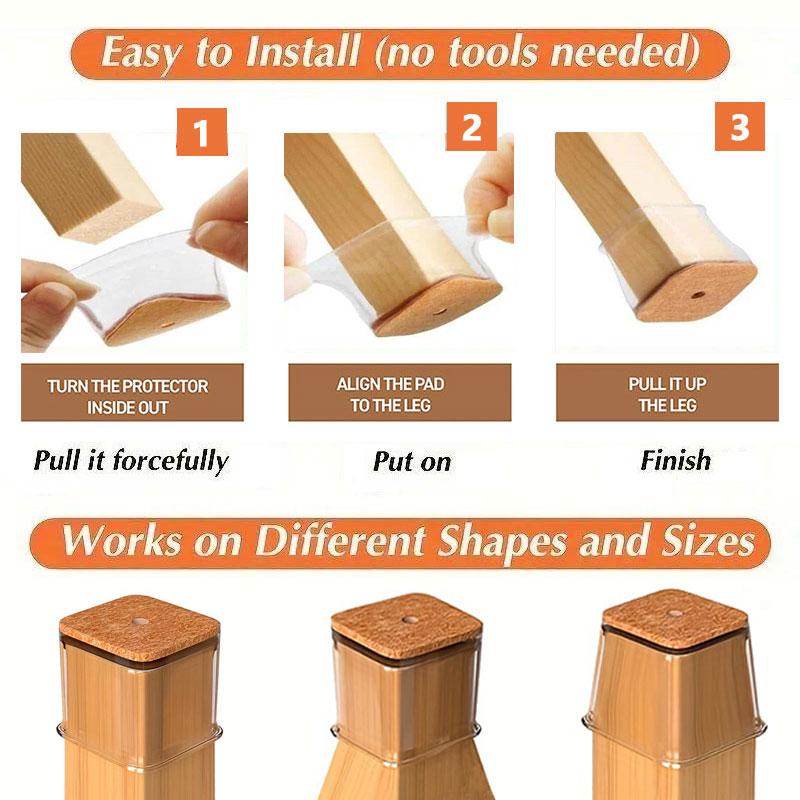 Capsules de jambes de chaise en silicone transparent avec patins en feutre intégrés