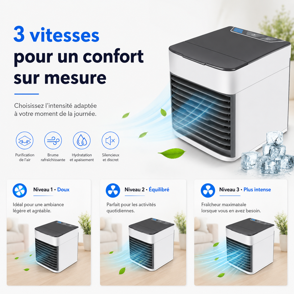 Refroidisseur d'air 3-en-1 avec ventilateur, humidificateur et purificateur d'air – Portable, silencieux et avec lampe de nuit LED