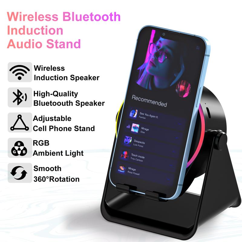 Station Audio Sans Fil 4-en-1 – Support de Haut-Parleur à Induction + Bluetooth avec Éclairage RGB