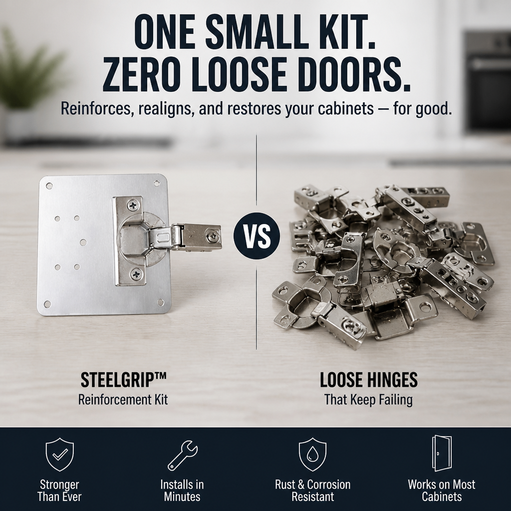 SteelGrip™ — Enfin, arrêtez les portes bancales et retrouvez la confiance d'un meuble solide