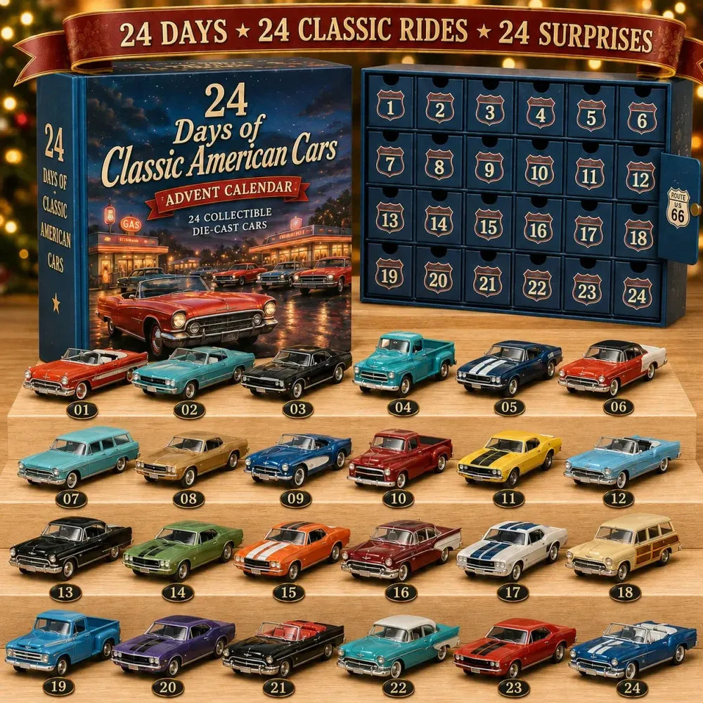 😍🚗 Calendrier de l'Avent « 24 jours de voitures américaines classiques » – 24 pièces de collection pour les passionnés d'automobiles