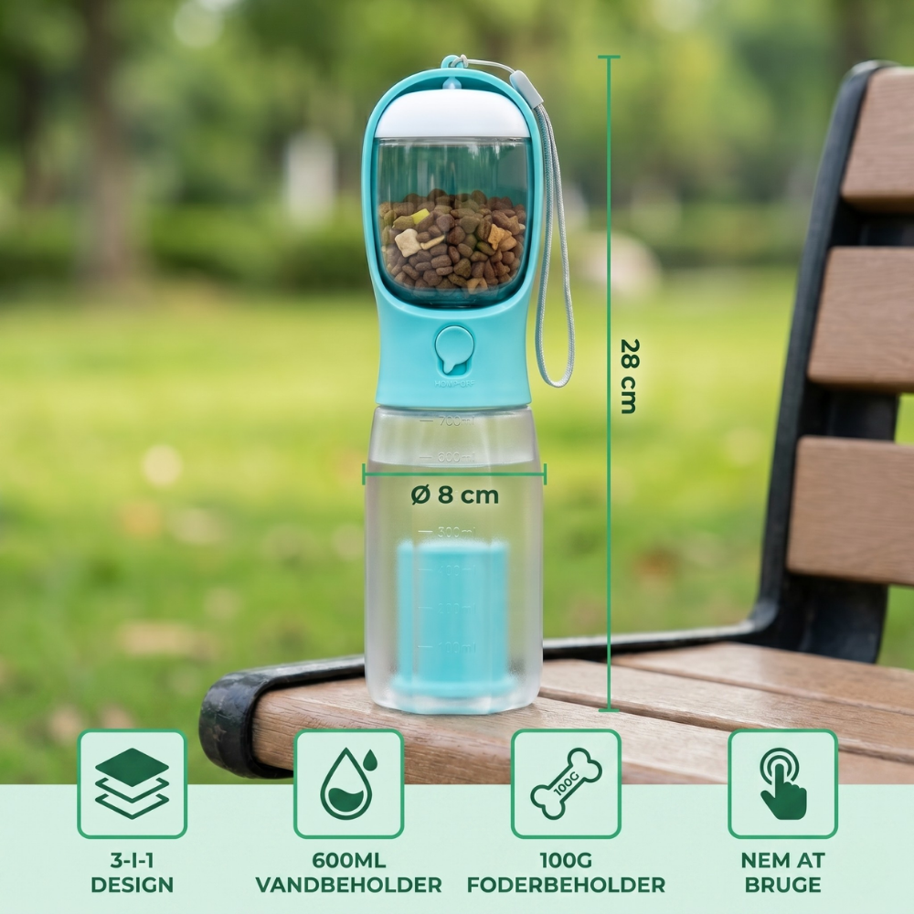 Bouteille d'eau 3-en-1 pour chien avec conteneur de nourriture