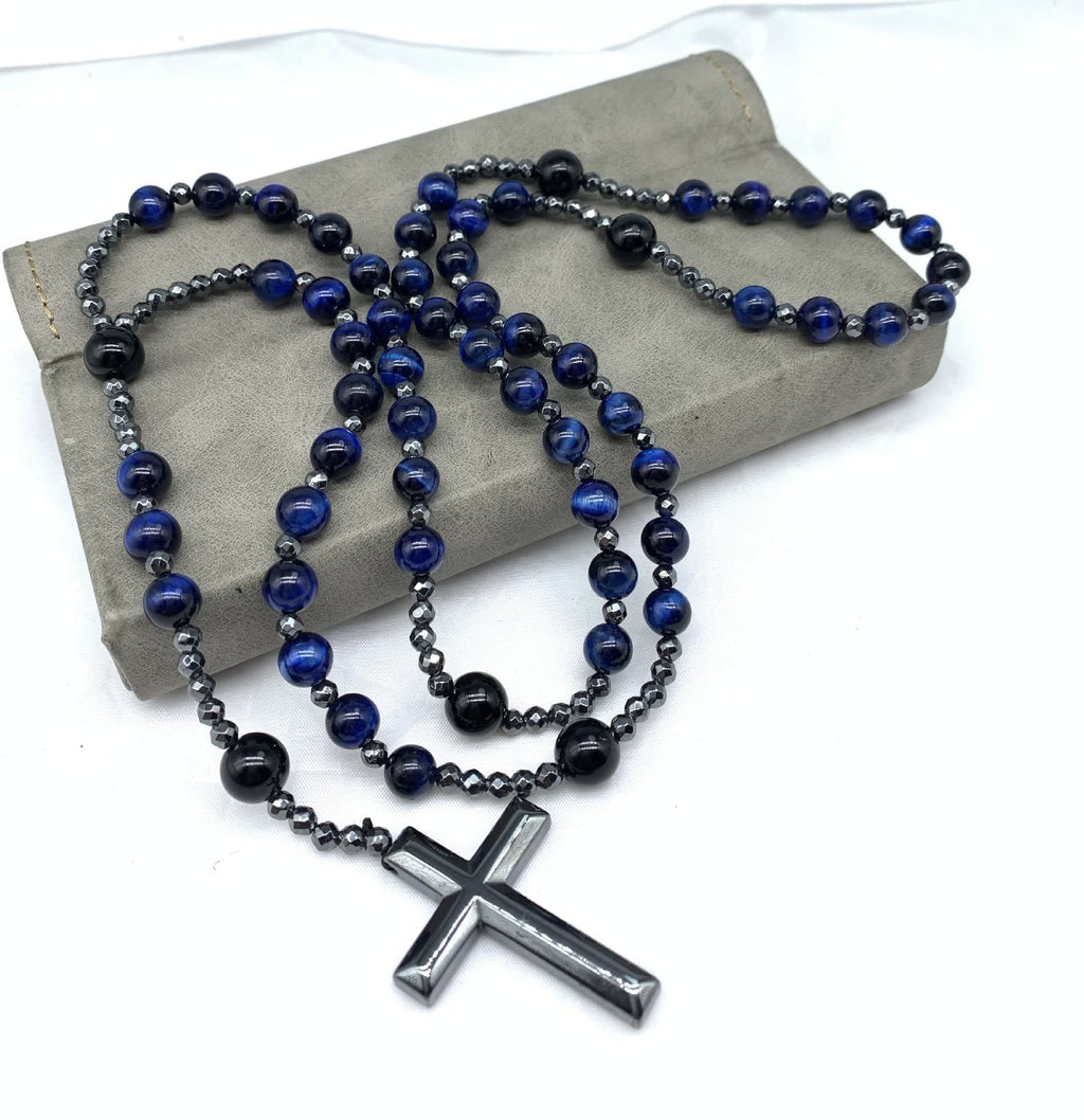 Collier en rosaires croix en œil de tigre et lapis-lazuli pour hommes – Orion