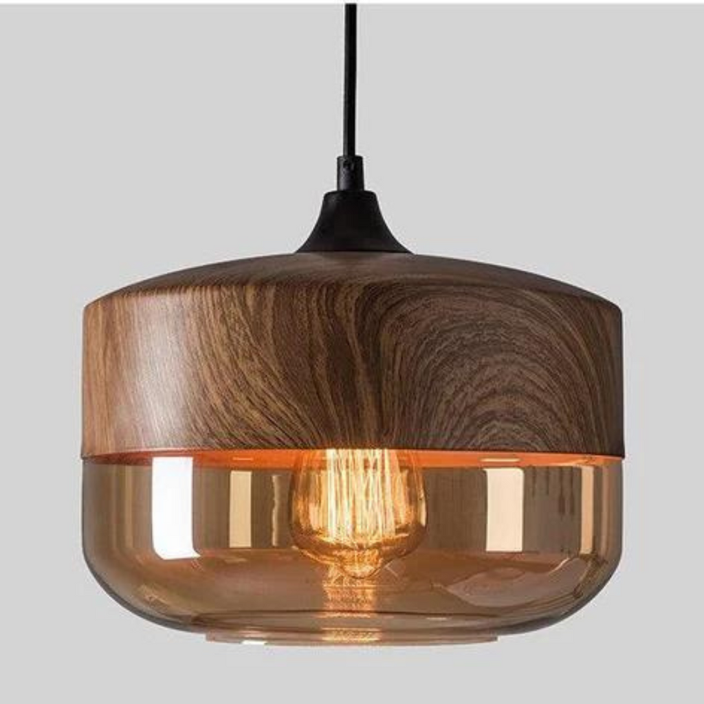 Suspension Scandinave en Verre avec Finition Bois – Éclairage Design Chaud pour Salon & Salle à Manger | Sansoti