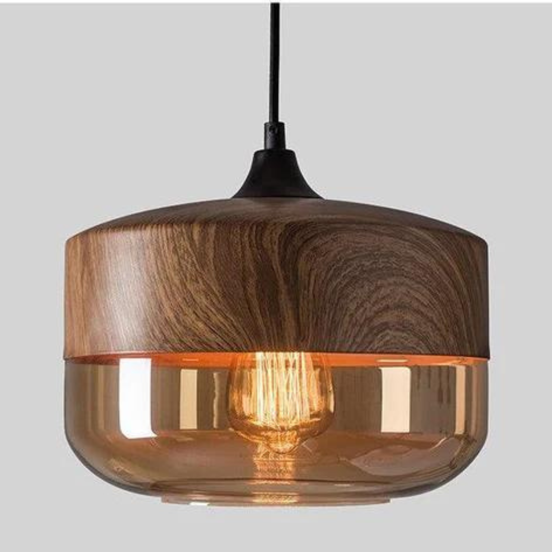 Suspension Scandinave en Verre avec Finition Bois – Éclairage Design Chaud pour Salon & Salle à Manger | Sansoti