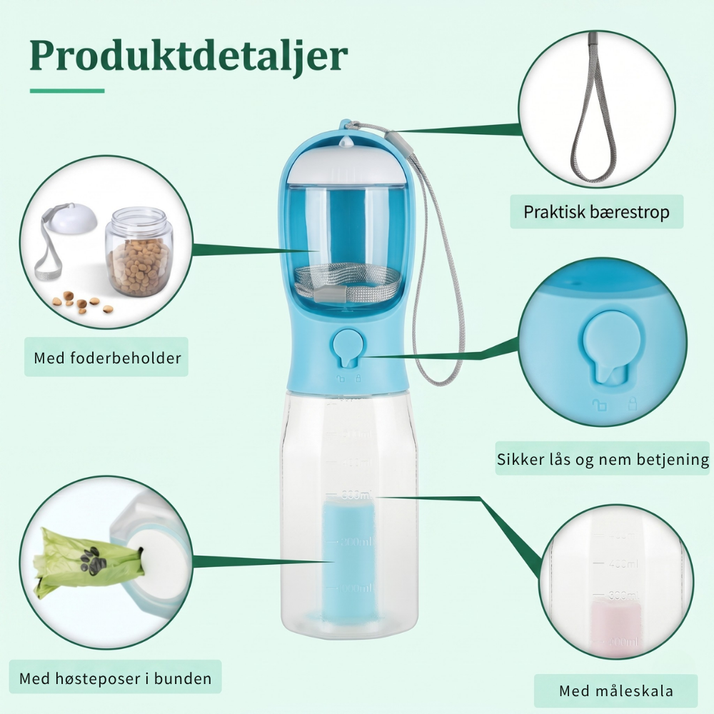 Bouteille d'eau 3-en-1 pour chien avec conteneur de nourriture