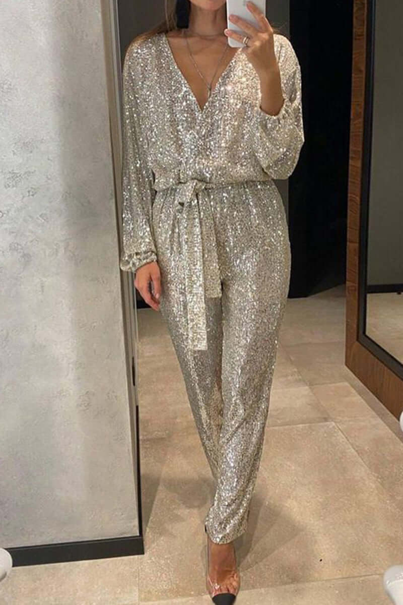 Combinaison Bandage à Paillettes avec Décolleté en V
