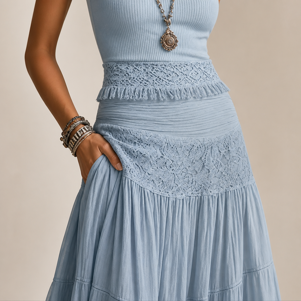 LumaSeren™ – Ensemble Boho en Deux Pièces avec Jupe Maxi à Volants en Dentelle
