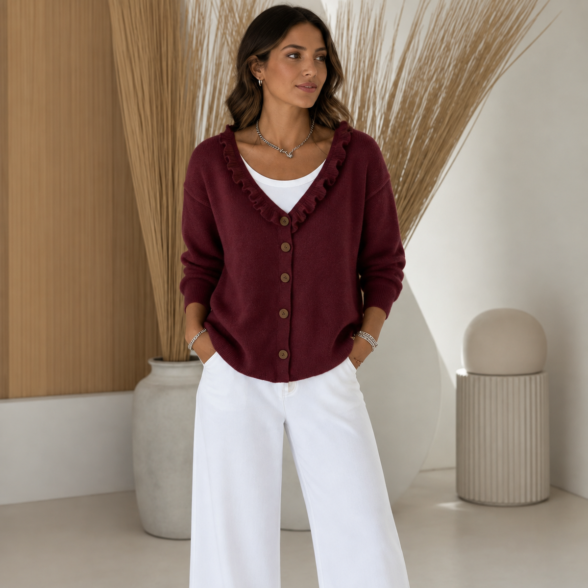 Wearbella – Cardigan en tricot extensible avec col volant