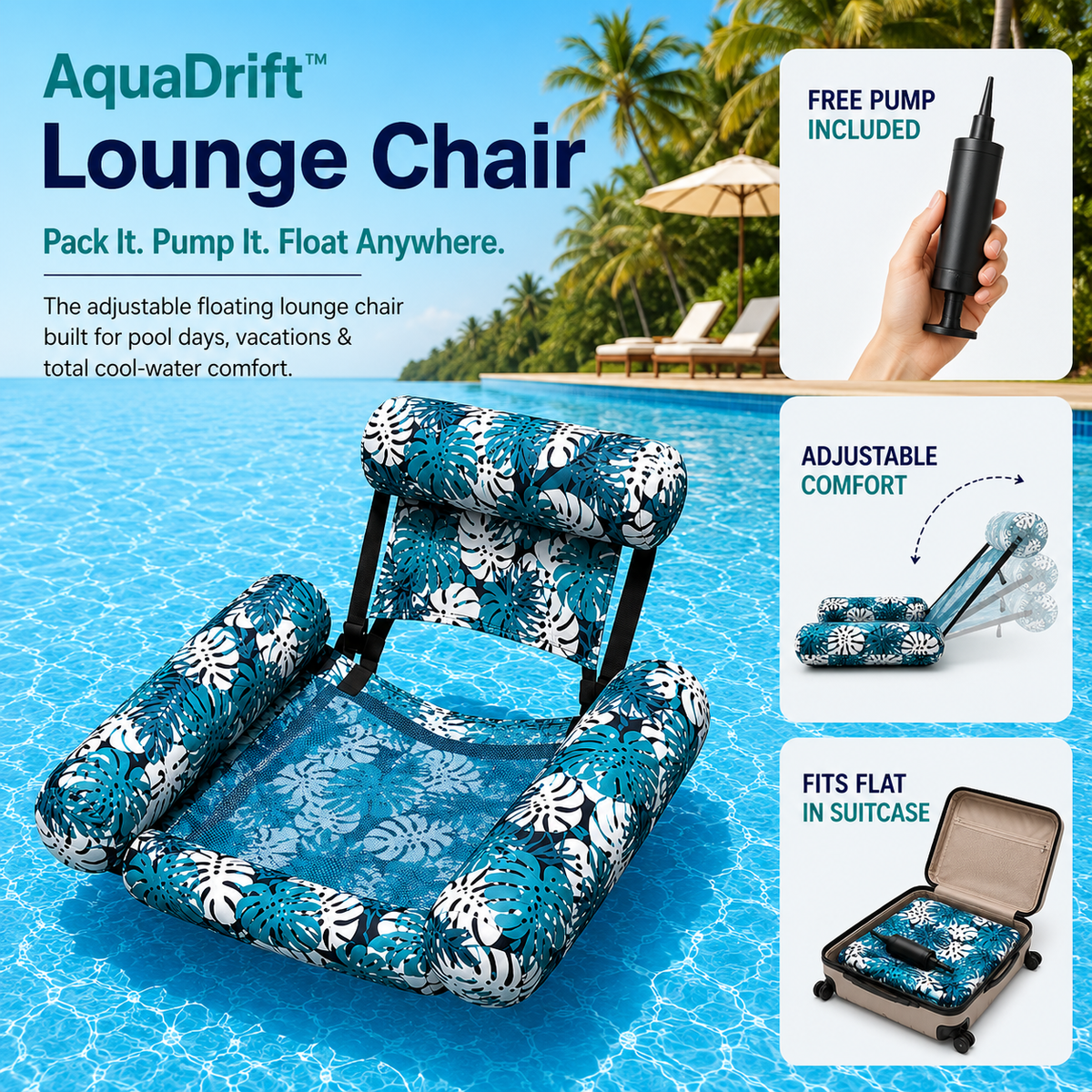 AquaSoothe™ Chaise Longue Gonflable pour Piscine — Flottez Frais, Détendez-vous en Position Droite, Brillez Intensément