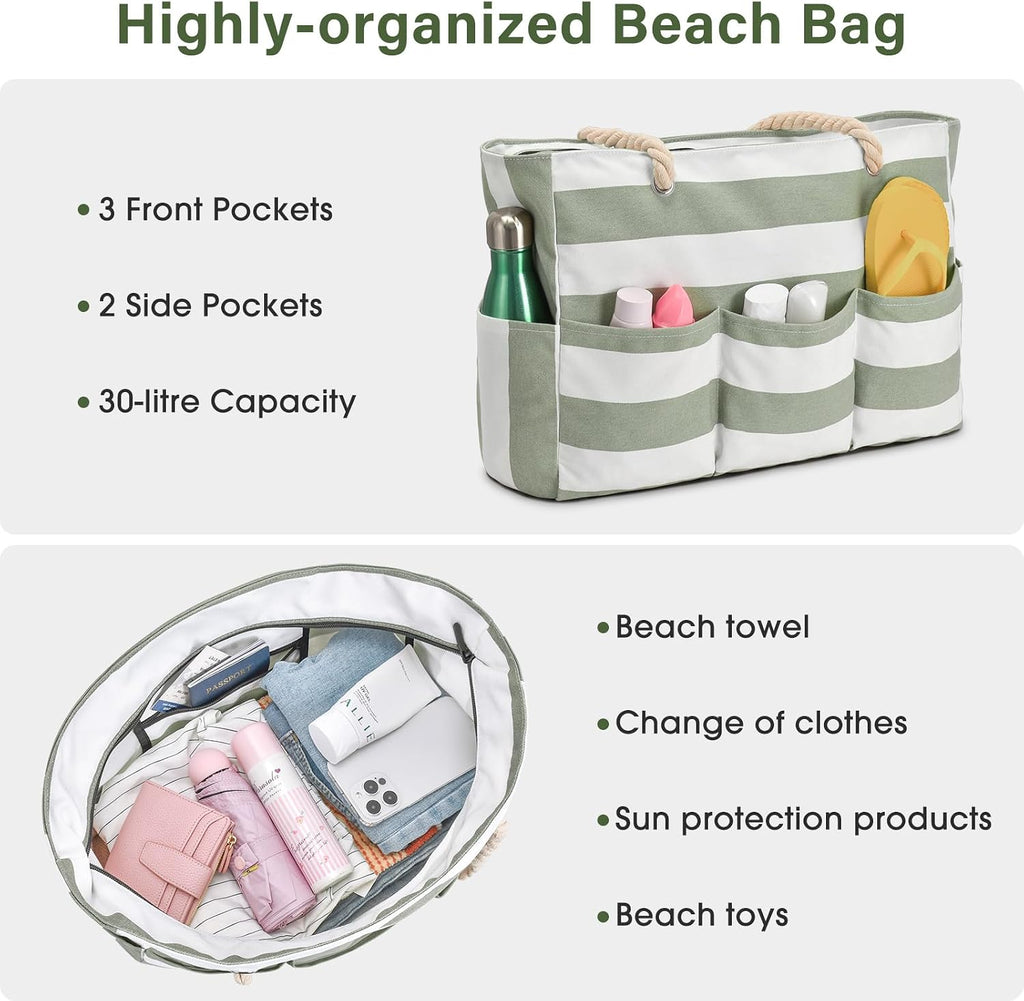 Plage Bliss | Grand Sac de Plage en Toile avec Fermeture Éclair & Design Imperméable | Rangement Polyvalent 7 Poches pour des Moments Sans Sable
