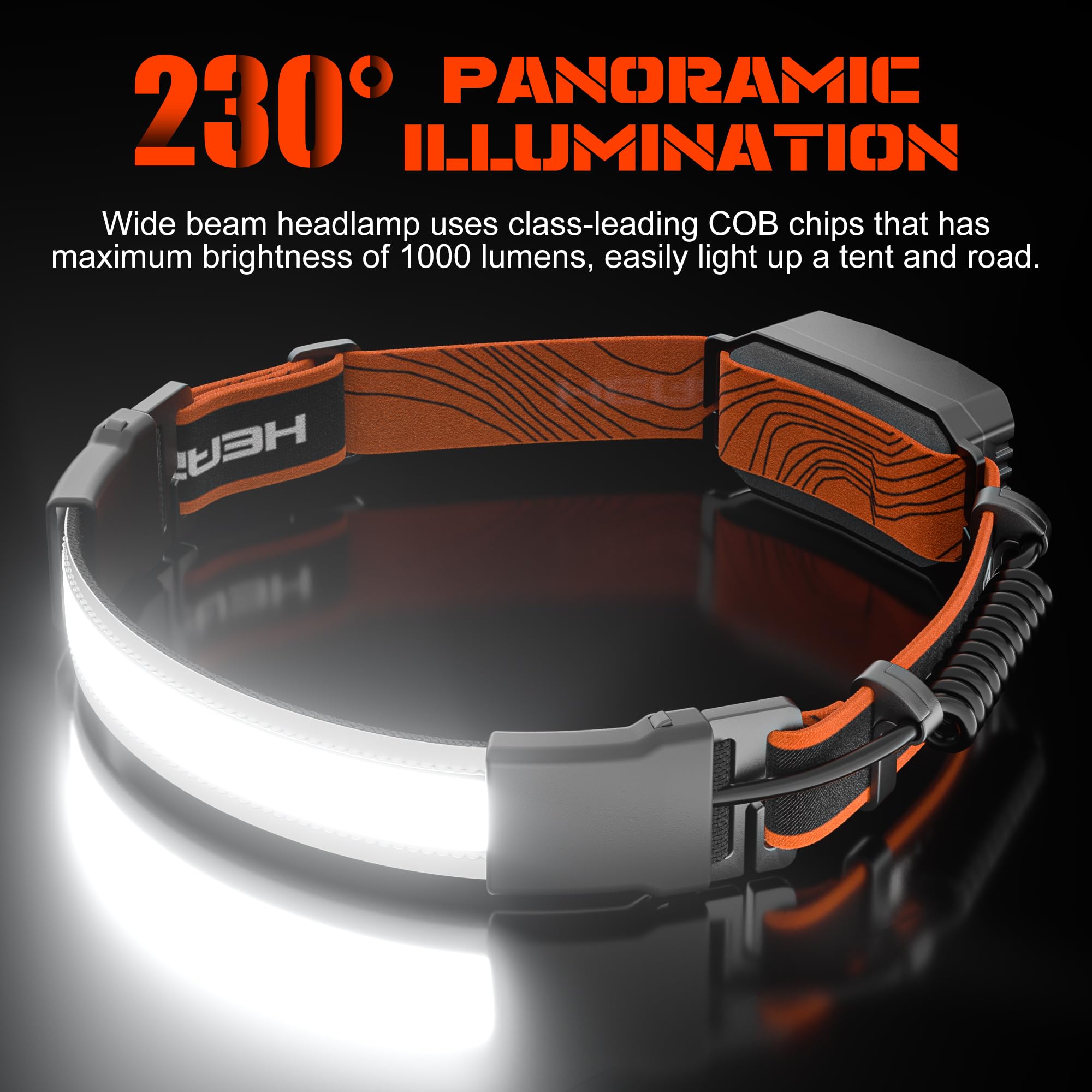 Skanto | Lampe frontale rechargeable Hopedone 1000 Lumens, angle large de 230°, étanche, 2-pack, orange