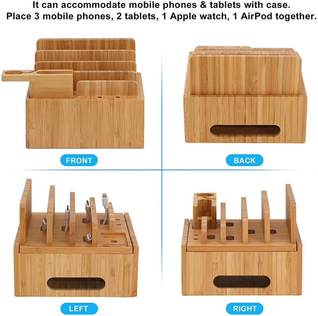 Tekavo ChargeDock Station de Charge en Bambou | Chargeur USB 5 Ports & Organisateur | Pour Smartphone, Tablette & Montre Connectée | Inclus : Ensemble de Câbles