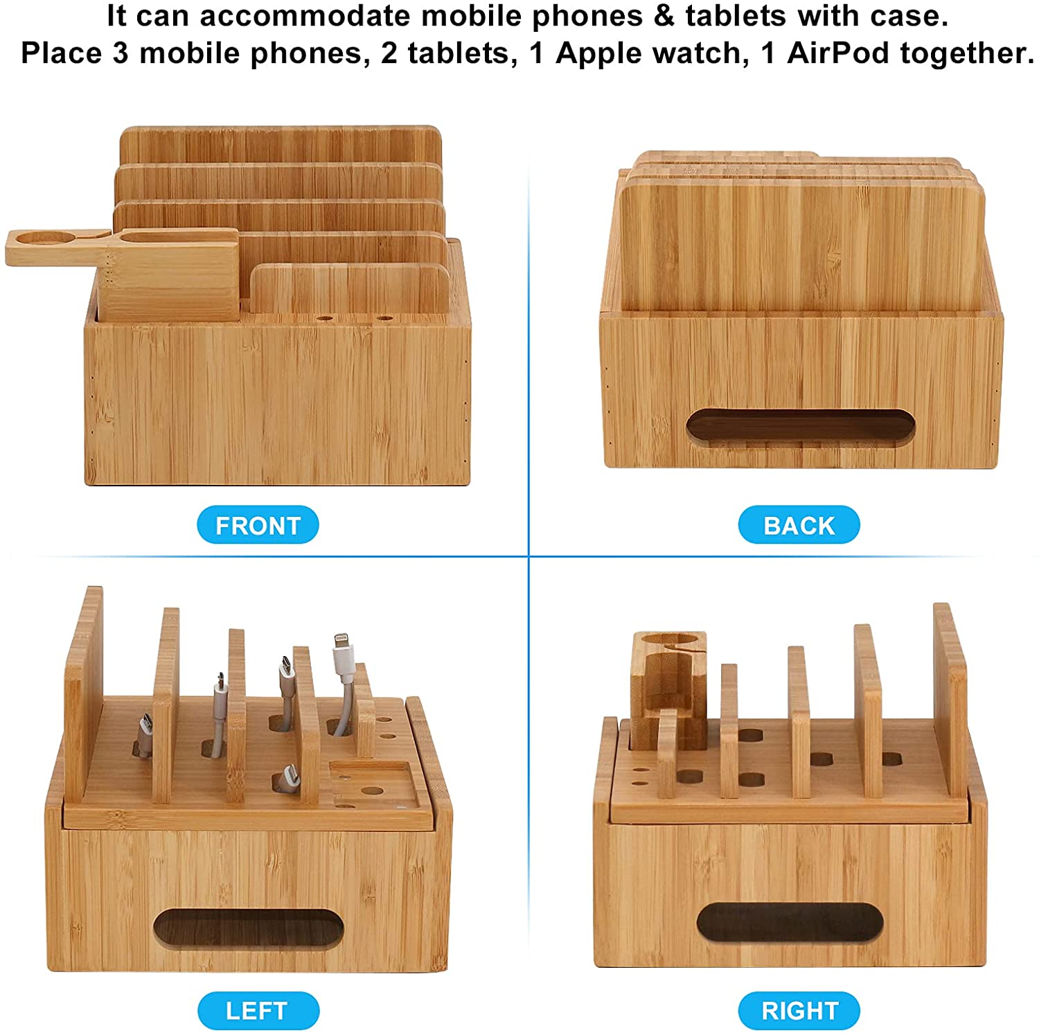 Tekavo ChargeDock Station de Charge en Bambou | Chargeur USB 5 Ports & Organisateur | Pour Smartphone, Tablette & Montre Connectée | Inclus : Ensemble de Câbles