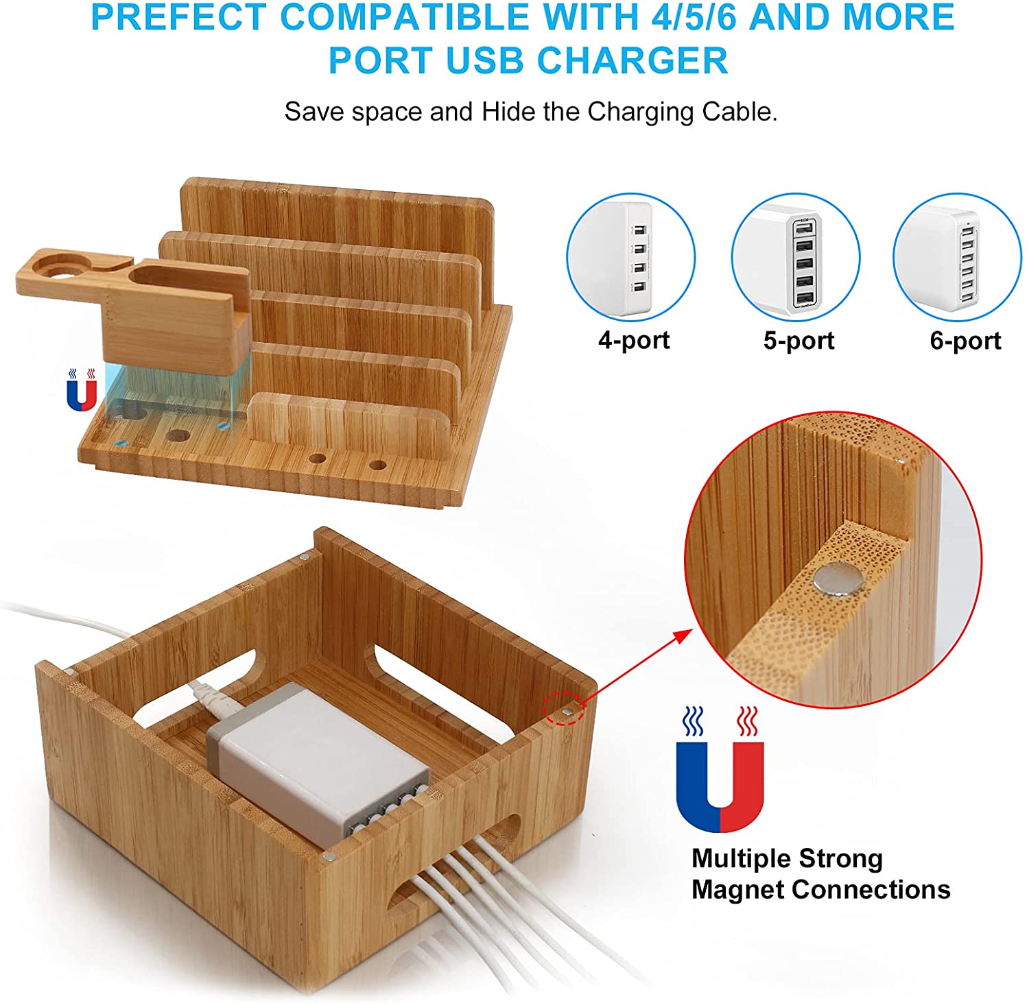 Tekavo ChargeDock Station de Charge en Bambou | Chargeur USB 5 Ports & Organisateur | Pour Smartphone, Tablette & Montre Connectée | Inclus : Ensemble de Câbles