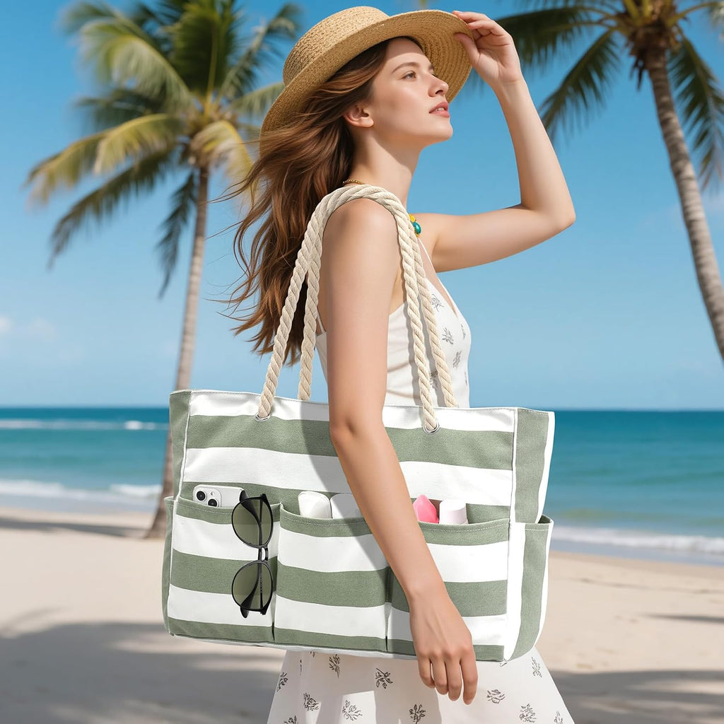 Plage Bliss | Grand Sac de Plage en Toile avec Fermeture Éclair & Design Imperméable | Rangement Polyvalent 7 Poches pour des Moments Sans Sable