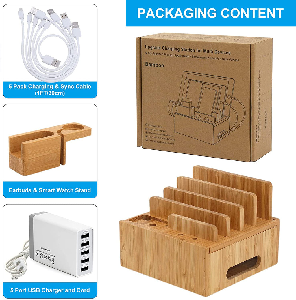 Tekavo ChargeDock Station de Charge en Bambou | Chargeur USB 5 Ports & Organisateur | Pour Smartphone, Tablette & Montre Connectée | Inclus : Ensemble de Câbles