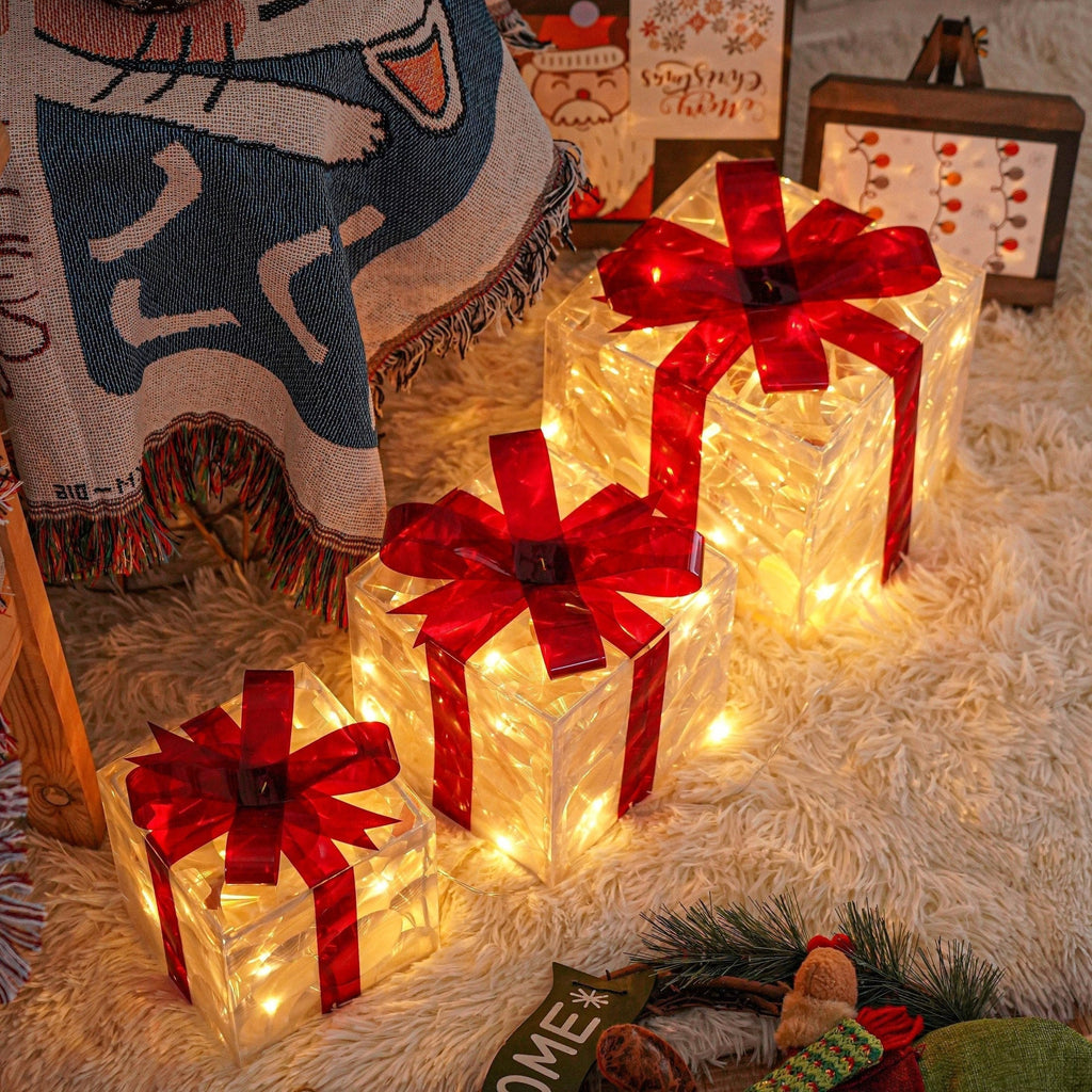 Éclairage de Noël LED – Ensemble de 3 Boîtes Cadeaux Illuminées pour Intérieur & Extérieur