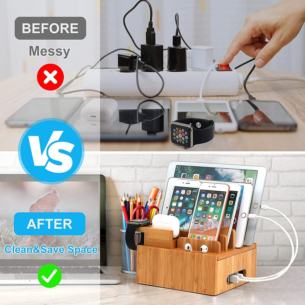 Tekavo ChargeDock Station de Charge en Bambou | Chargeur USB 5 Ports & Organisateur | Pour Smartphone, Tablette & Montre Connectée | Inclus : Ensemble de Câbles