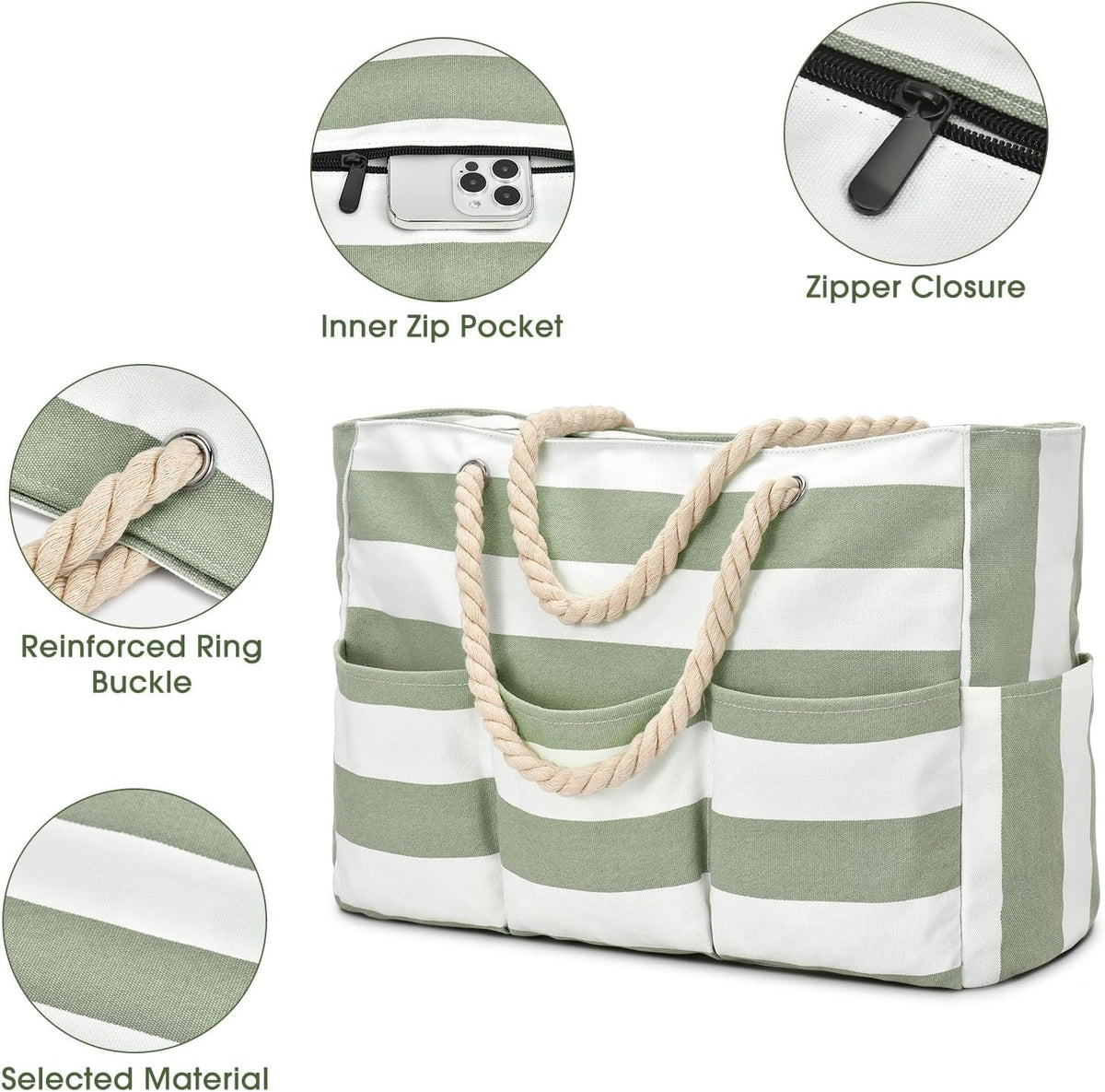 Plage Bliss | Grand Sac de Plage en Toile avec Fermeture Éclair & Design Imperméable | Rangement Polyvalent 7 Poches pour des Moments Sans Sable
