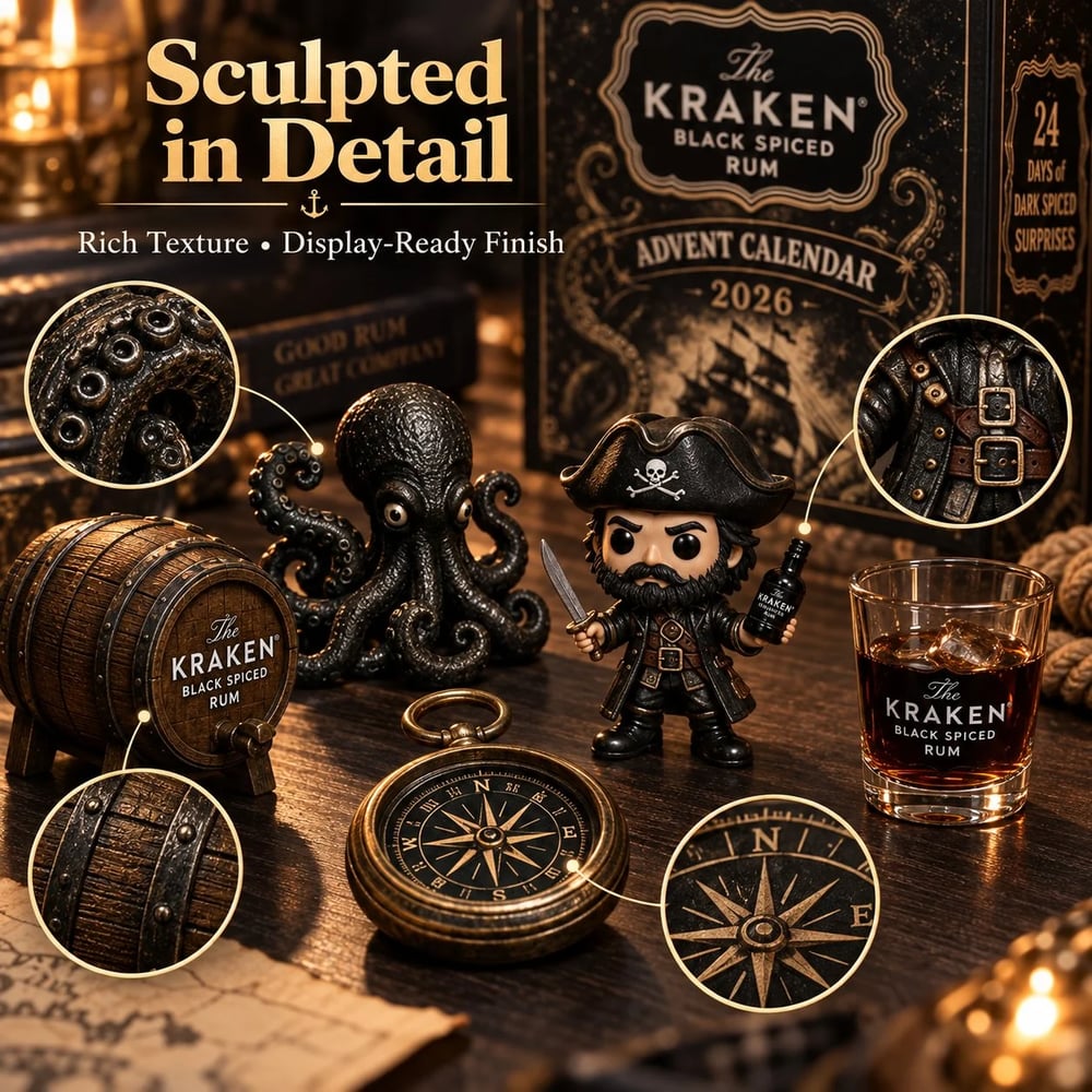 Calendrier de l'Avent en Mini Bouteille de Rhum Kraken de 24 Jours pour Affichage de Table de Bar de Fête, Cadeau Collectible pour Amateur de Rhum, Compte à Rebours de Noël & Décoration Festive