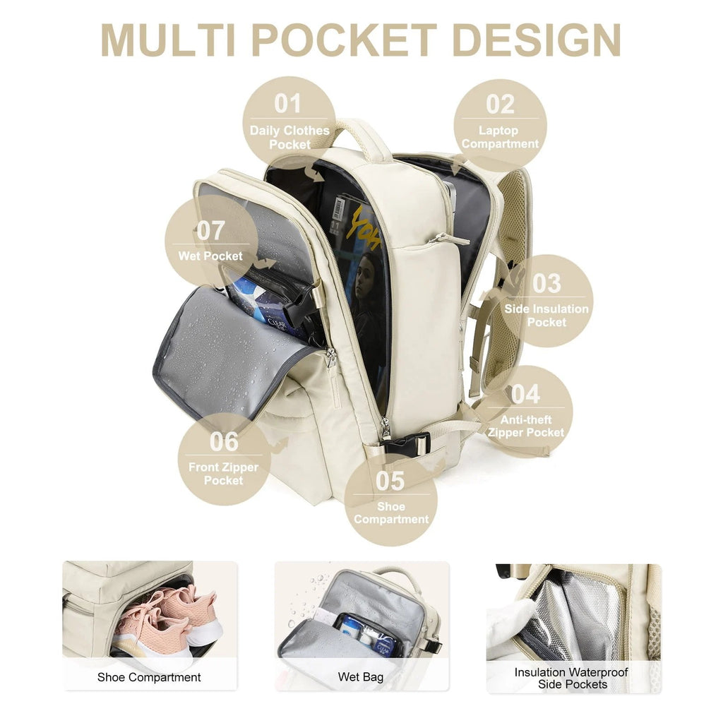Sac à dos de voyage Travelliva pour femmes 35 L | Imperméable & avec port USB | Antivol & compartiment à chaussures | Pour la randonnée, le quotidien & les voyages