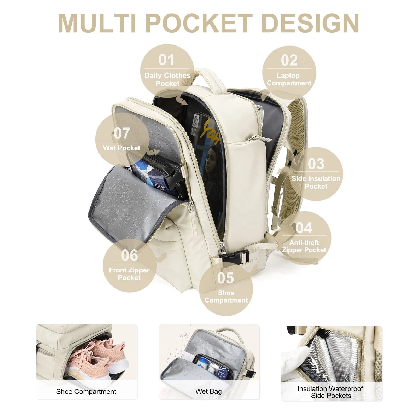 Sac à dos de voyage Travelliva pour femmes 35 L | Imperméable & avec port USB | Antivol & compartiment à chaussures | Pour la randonnée, le quotidien & les voyages