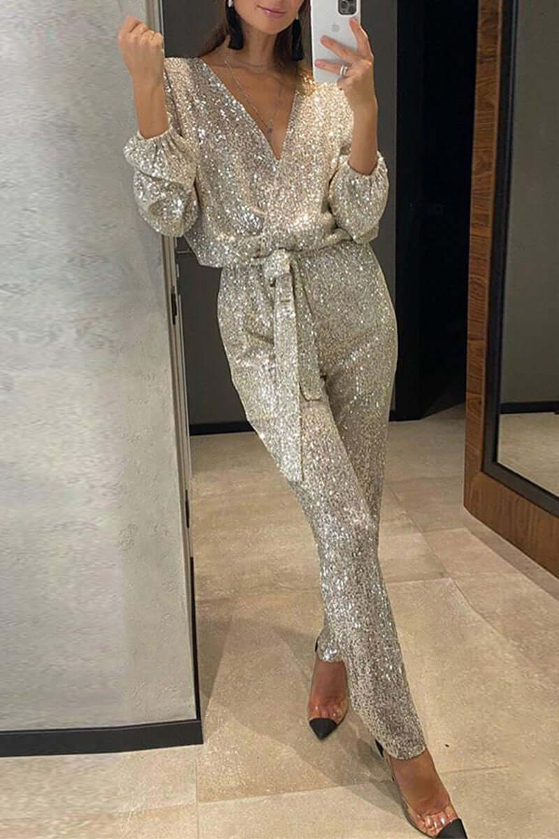 Combinaison Bandage à Paillettes avec Décolleté en V