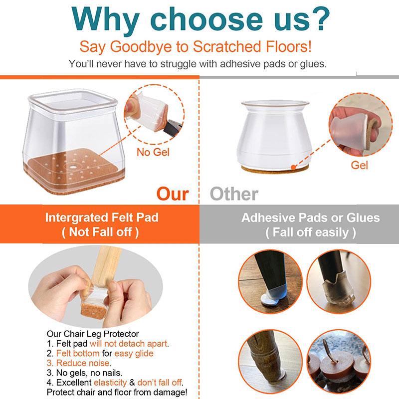 Capsules de jambes de chaise en silicone transparent avec patins en feutre intégrés