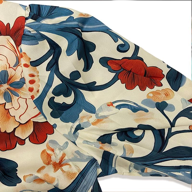 Blouse Satin Florale Baroque – Imprimé Audacieux avec Détails de Volants Rayés