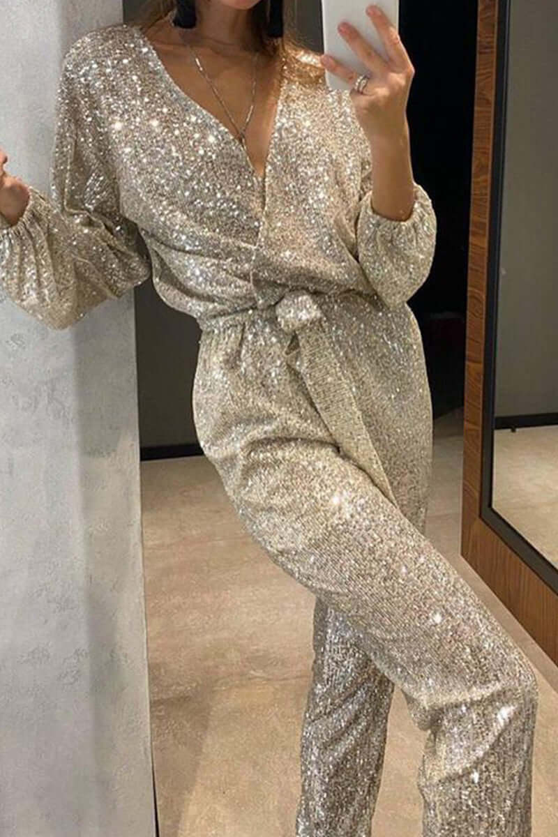 Combinaison Bandage à Paillettes avec Décolleté en V