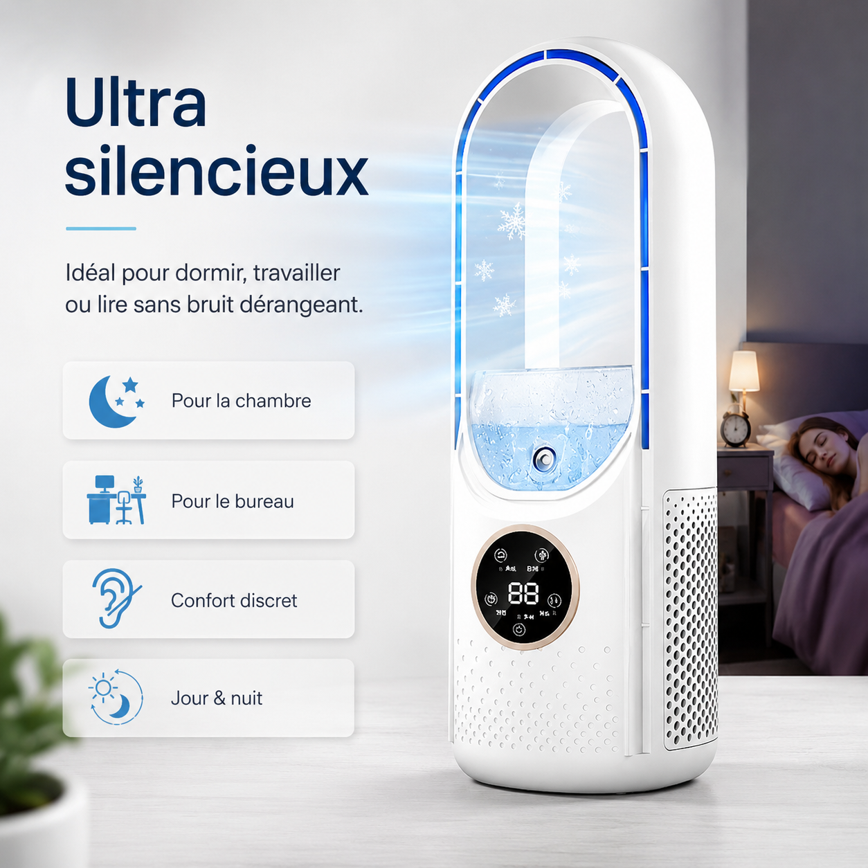 Airevo Refroidisseur d'Air | Ventilateur USB Sans Lame | 6 Niveaux | Silencieux & Avec Minuterie | Humidification de l'Air