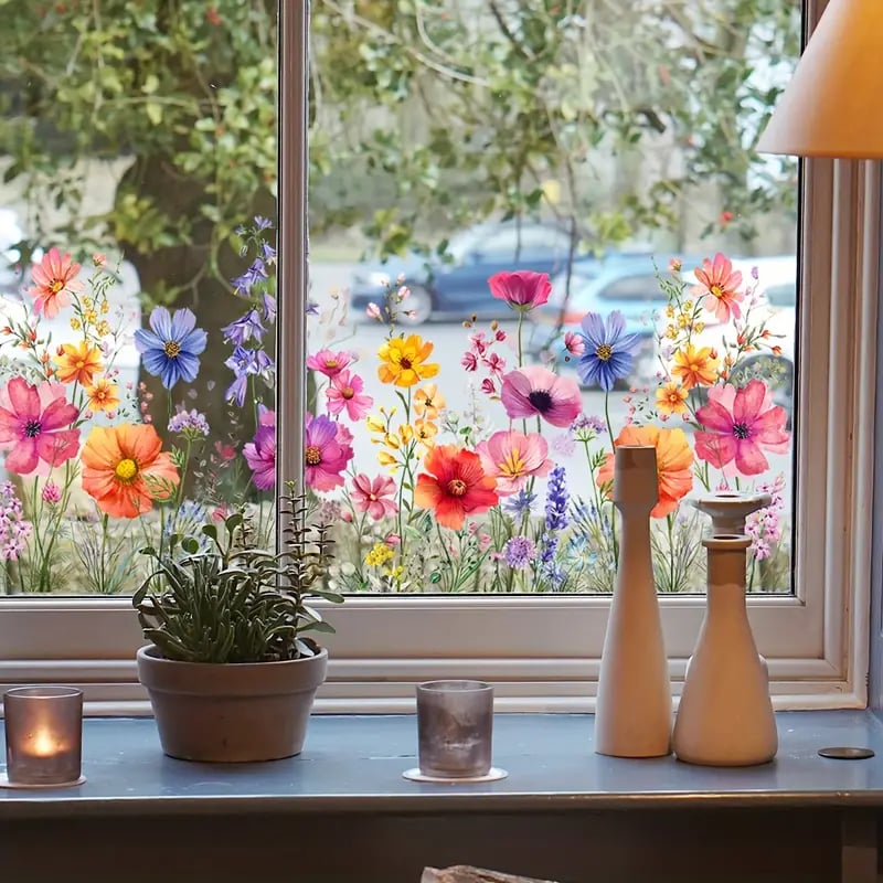 ✨DERNIER JOUR : 70 % DE RÉDUCTION ! - 💐 Autocollant de fenêtre avec bouquet floral coloré 🖼️ (Amovible sans laisser de traces)