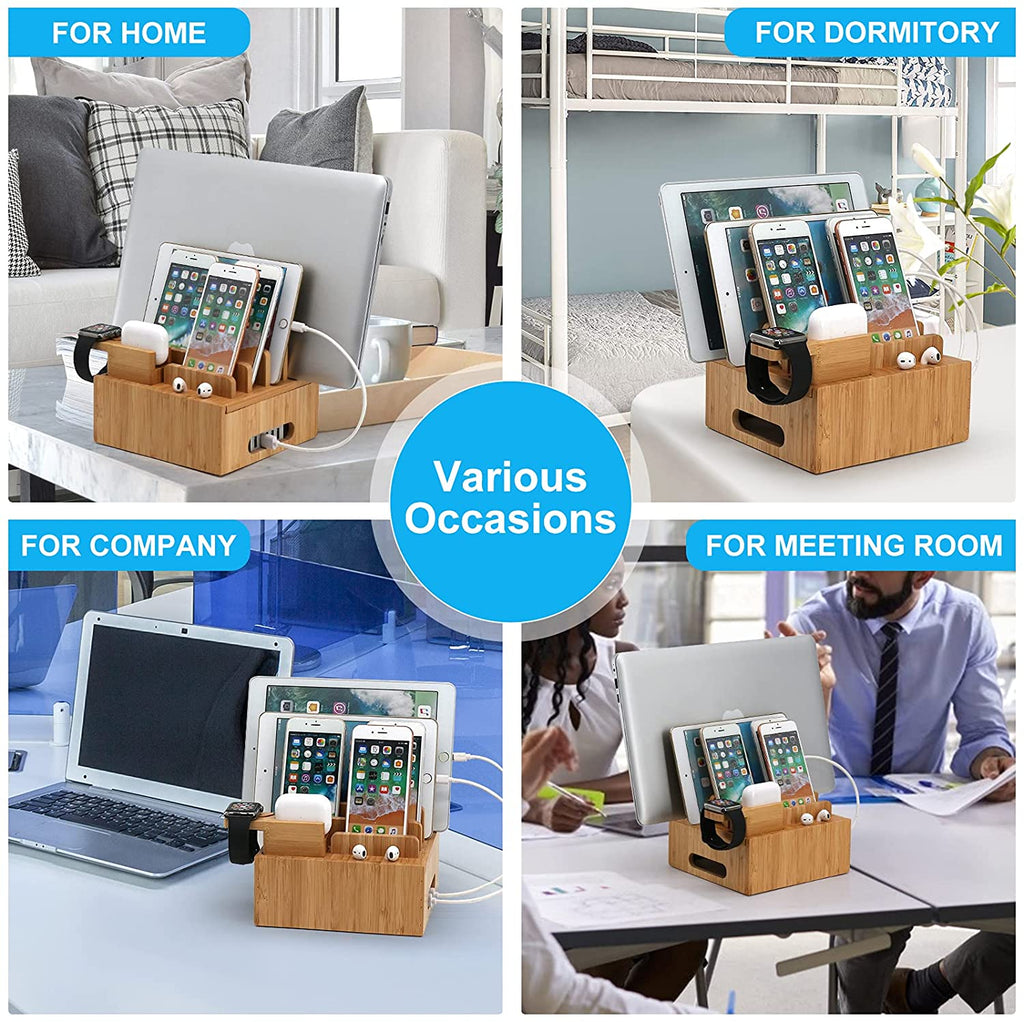 Tekavo ChargeDock Station de Charge en Bambou | Chargeur USB 5 Ports & Organisateur | Pour Smartphone, Tablette & Montre Connectée | Inclus : Ensemble de Câbles