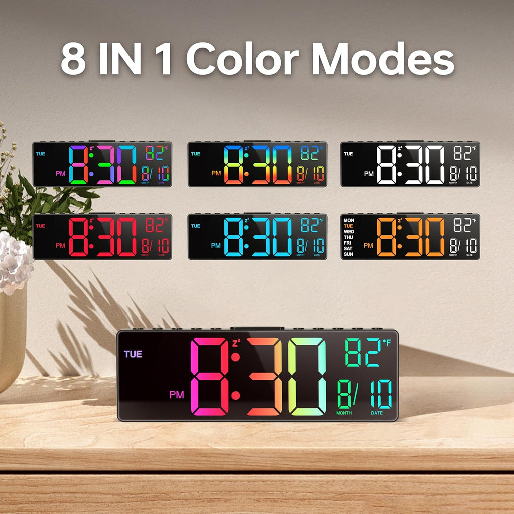 Réveil Numérique Grand de 10,5'' avec 8 Couleurs RGB