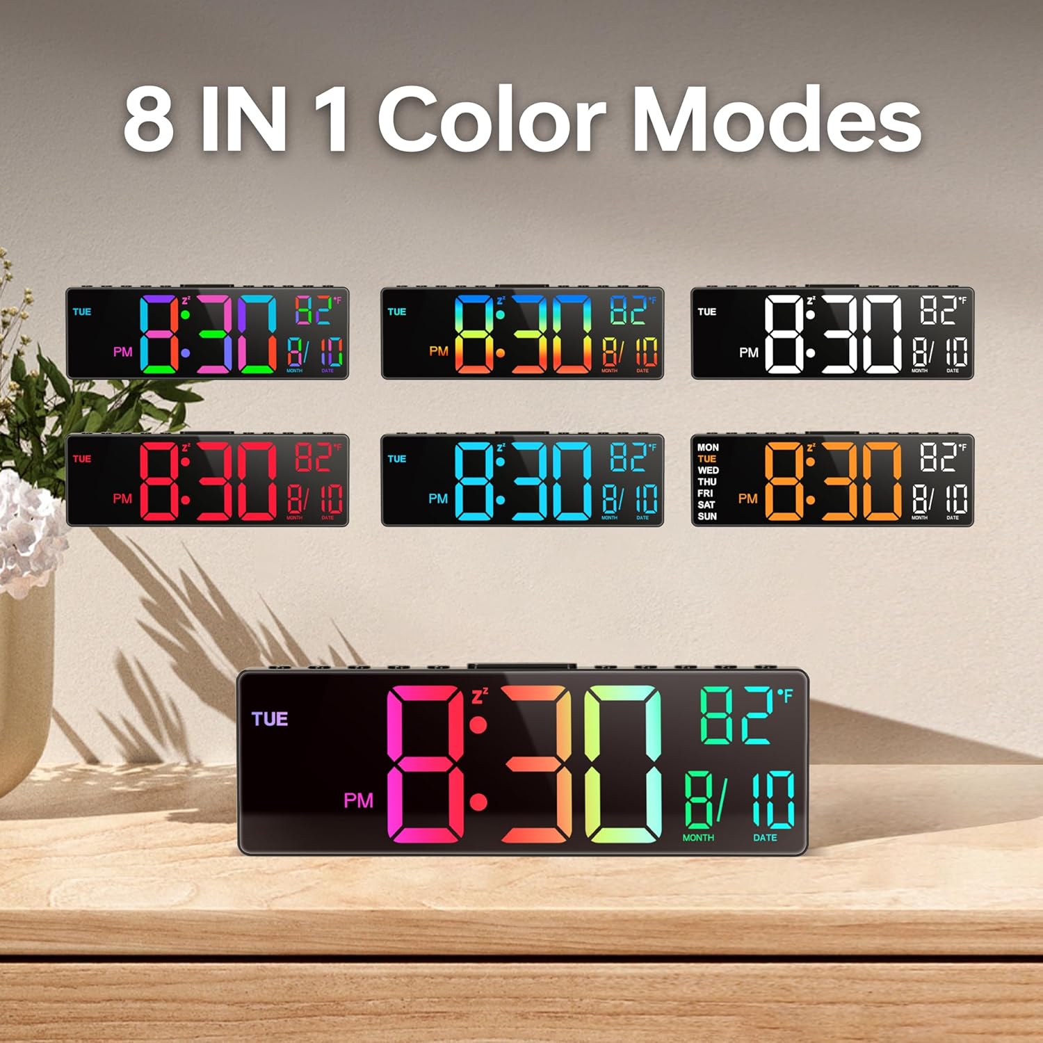 Réveil Numérique Grand de 10,5'' avec 8 Couleurs RGB