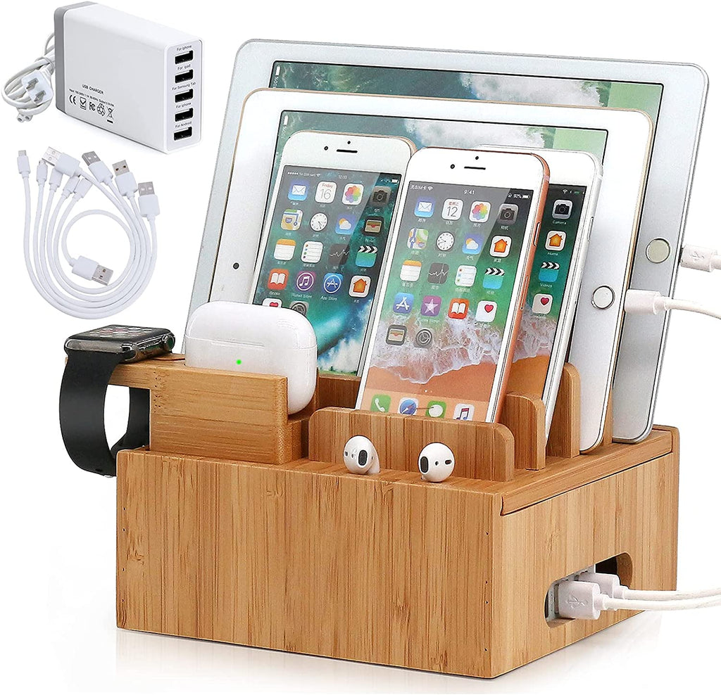 Tekavo ChargeDock Station de Charge en Bambou | Chargeur USB 5 Ports & Organisateur | Pour Smartphone, Tablette & Montre Connectée | Inclus : Ensemble de Câbles