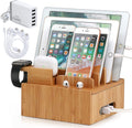 Tekavo ChargeDock Station de Charge en Bambou | Chargeur USB 5 Ports & Organisateur | Pour Smartphone, Tablette & Montre Connectée | Inclus : Ensemble de Câbles