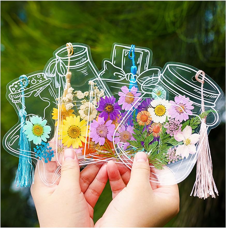 Marque-pages transparents avec fleurs séchées Woyuosn