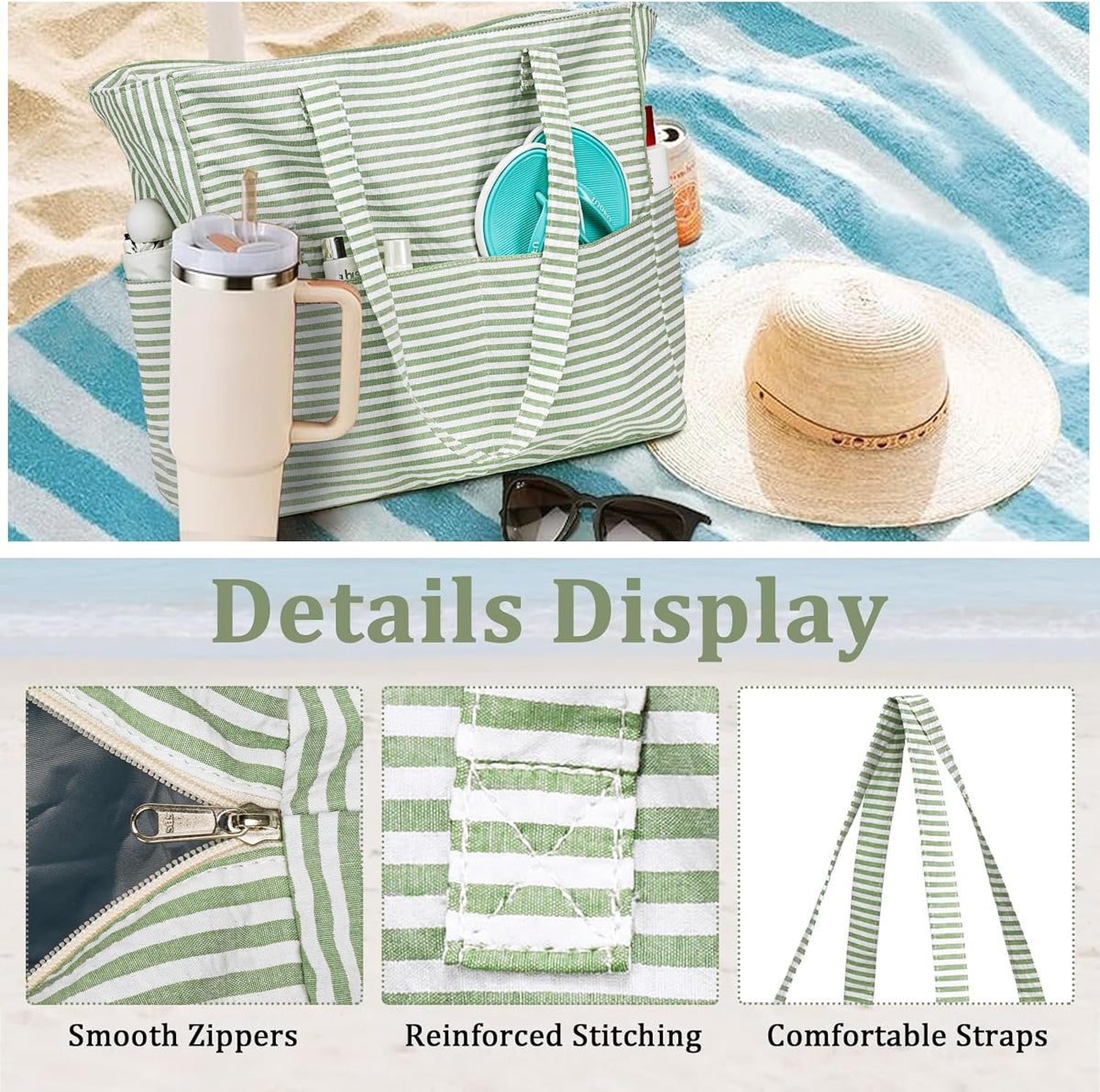 Collection Côtière | Grand Sac de Plage Imperméable avec Fermeture Éclair et Poche Humide | Polyvalent pour Voyage, Salle de Sport et Courses