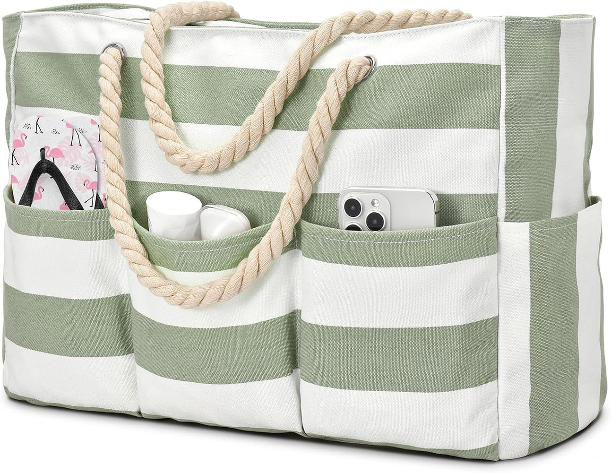 Plage Bliss | Grand Sac de Plage en Toile avec Fermeture Éclair & Design Imperméable | Rangement Polyvalent 7 Poches pour des Moments Sans Sable