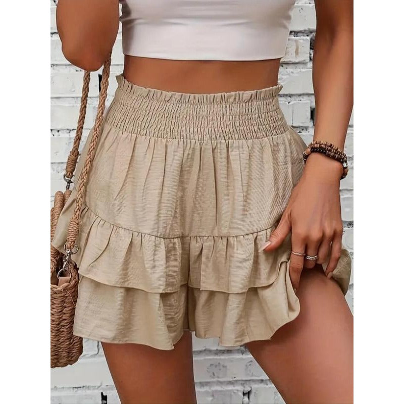 Shorts à volants smockés taille haute – Bas de lounge léger à double couche