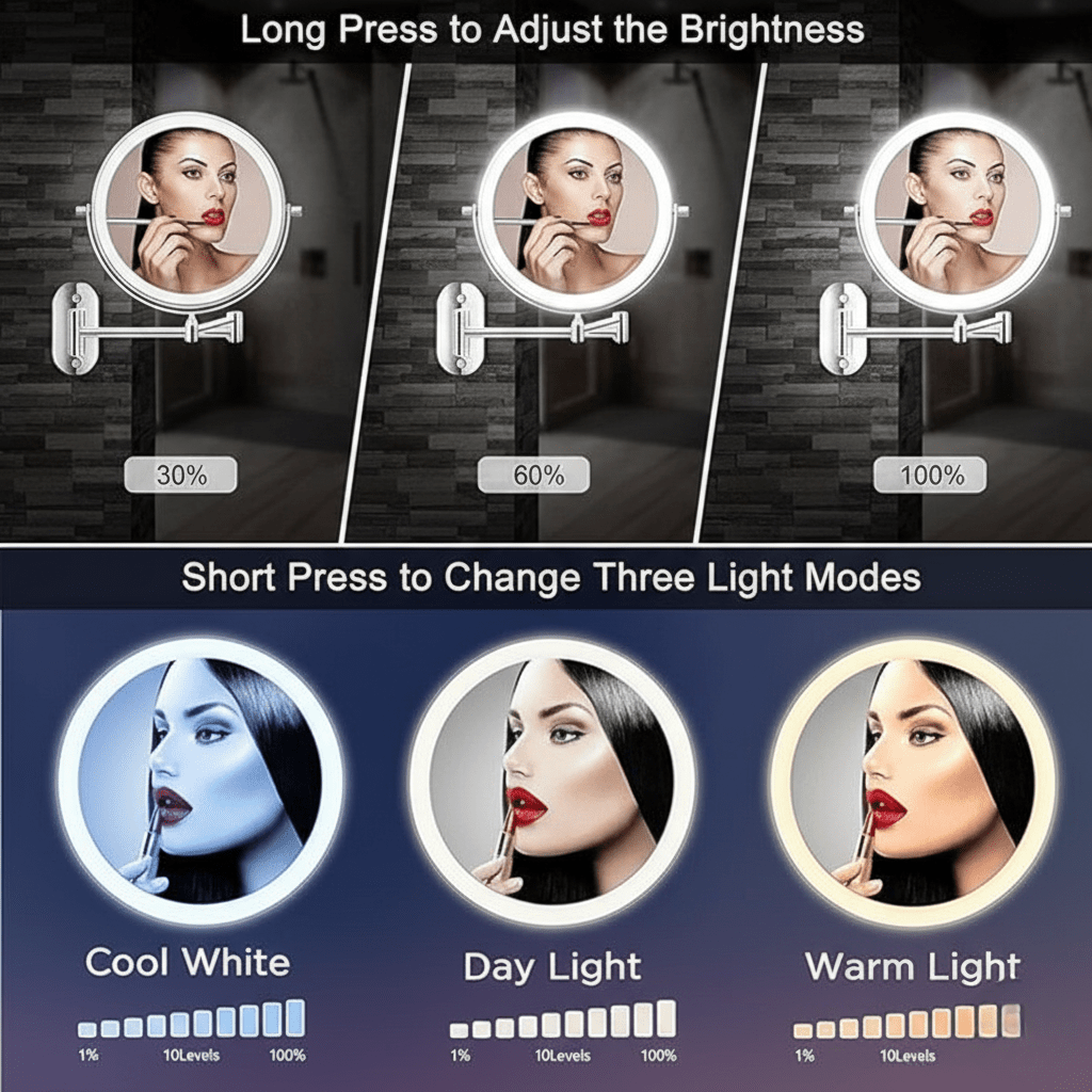 Miroir Agrandissant LED Rechargeable Dimmer Maquillage Salle de Bain Miroir Cosmétique Rond 20cm | Sansoti