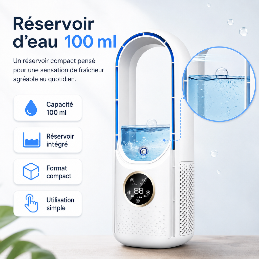Airevo Refroidisseur d'Air | Ventilateur USB Sans Lame | 6 Niveaux | Silencieux & Avec Minuterie | Humidification de l'Air